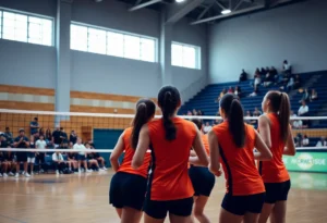 Volleyball teams competing in a match with energetic players and cheering spectators.