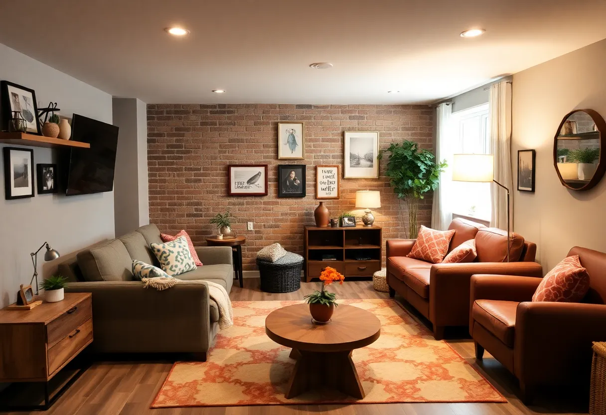 Stylish basement remodel with multifunctional furniture and good lighting.