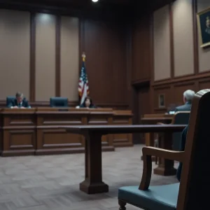 A courtroom setting depicting a serious most important trial