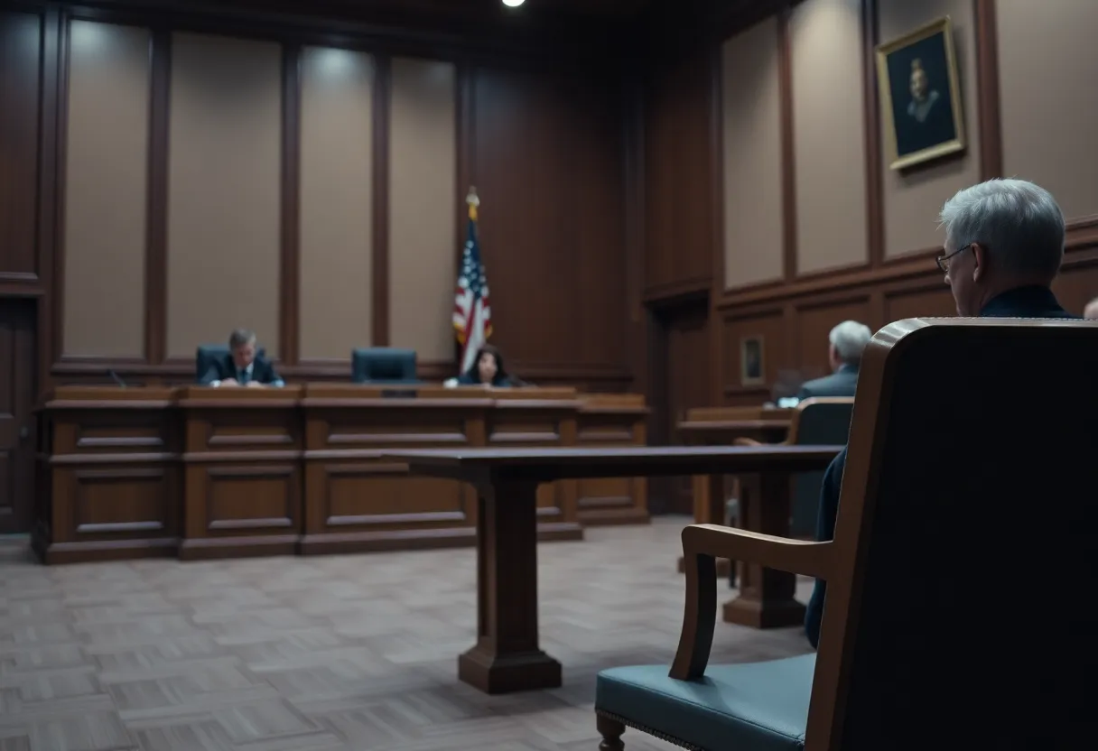 A courtroom setting depicting a serious most important trial
