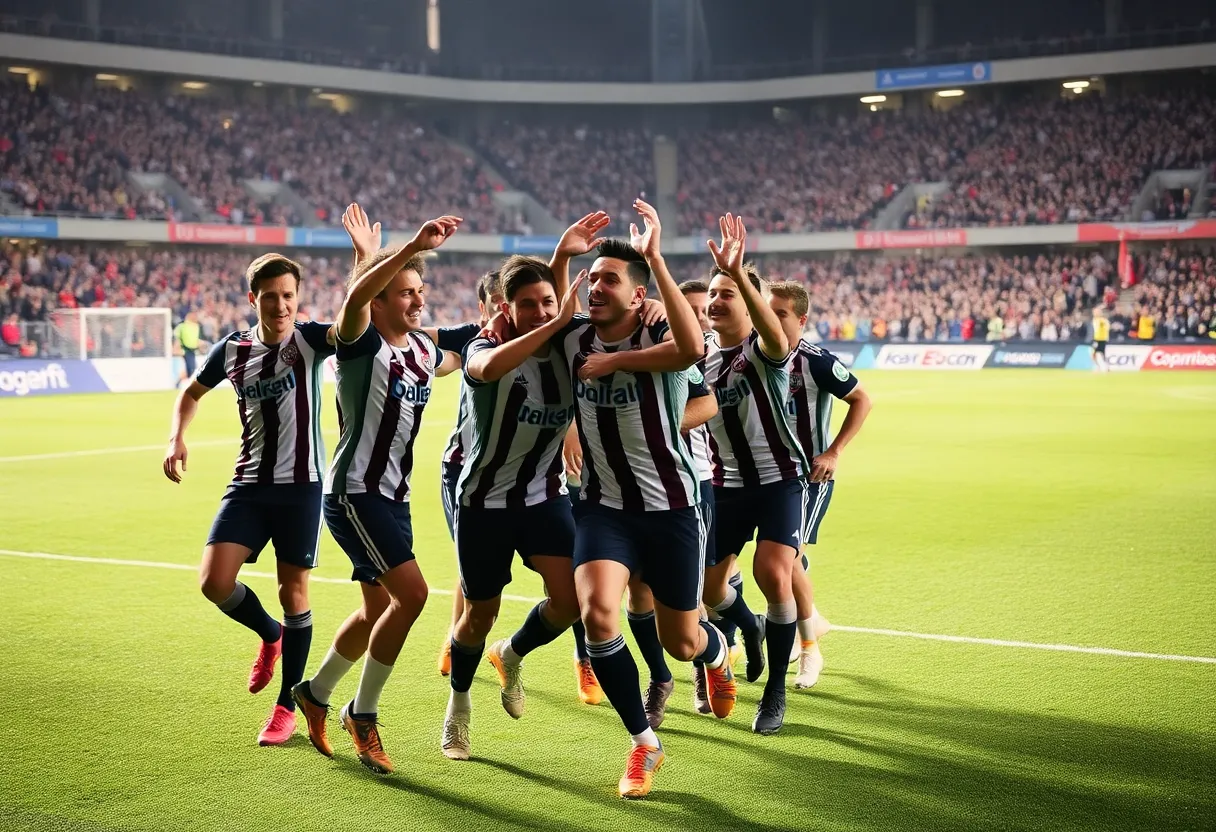 Soccer players celebrating a victory on the field