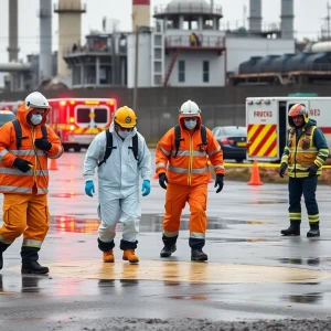 Emergency responders managing a chemical spill incident at LG Energy Solution in Holland, Michigan.