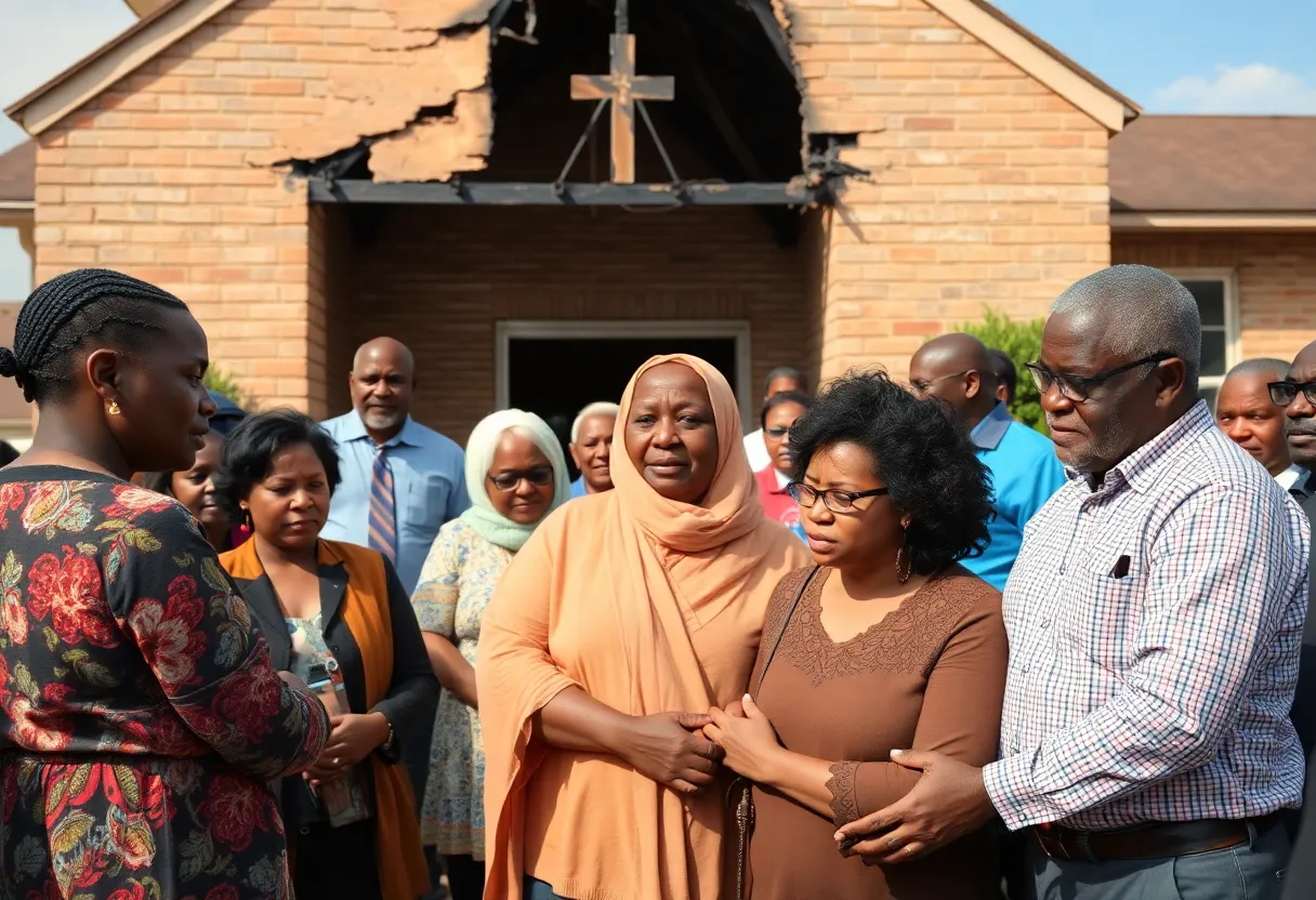 Community members gathered outside a damaged church after a shooting incident, showing support and remembrance.