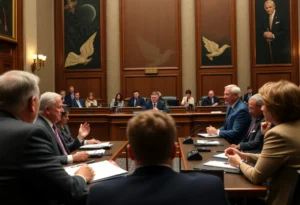 Congressional representatives debating health care issues.