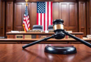 Image of a courtroom with gavel and American flag