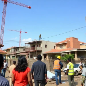 Renovated homes in Detroit with construction workers