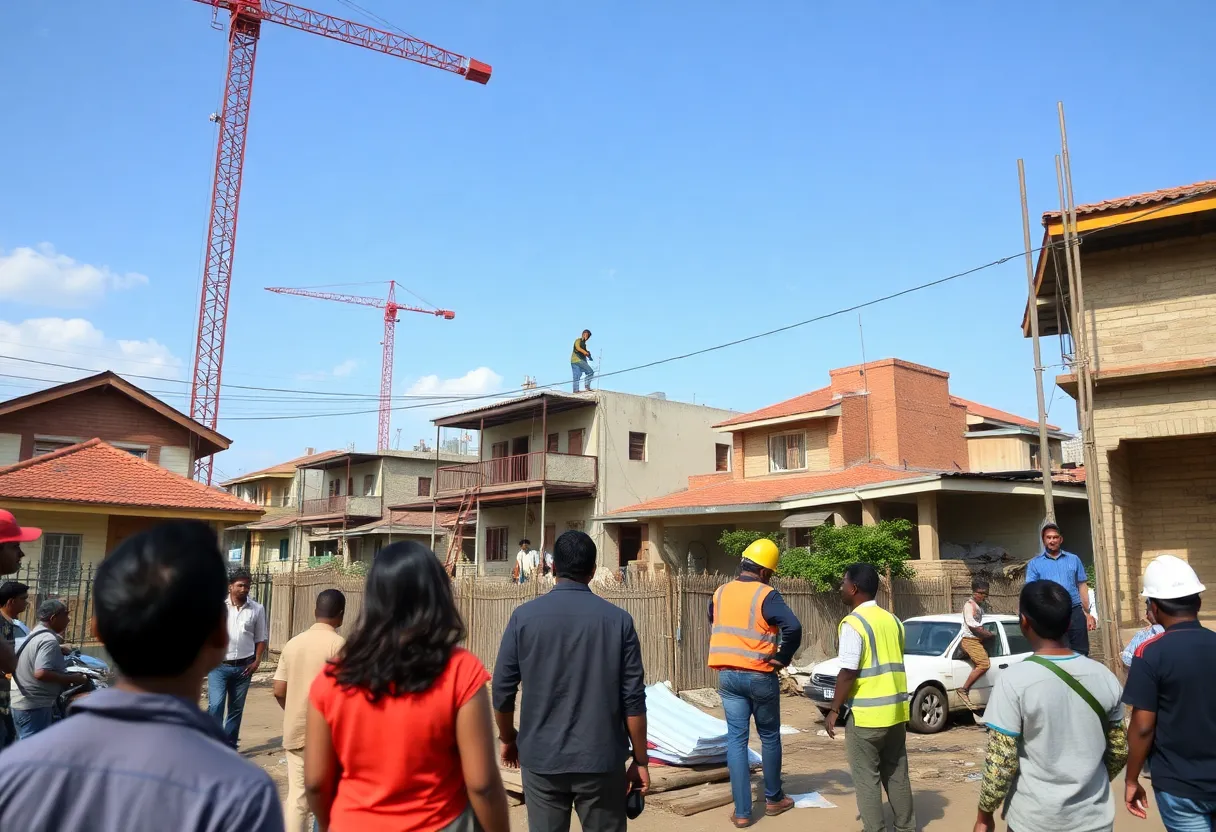 Community home renovation in Detroit with families working on their houses.