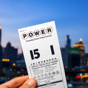 Powerball lottery ticket displayed with Detroit skyline in the background