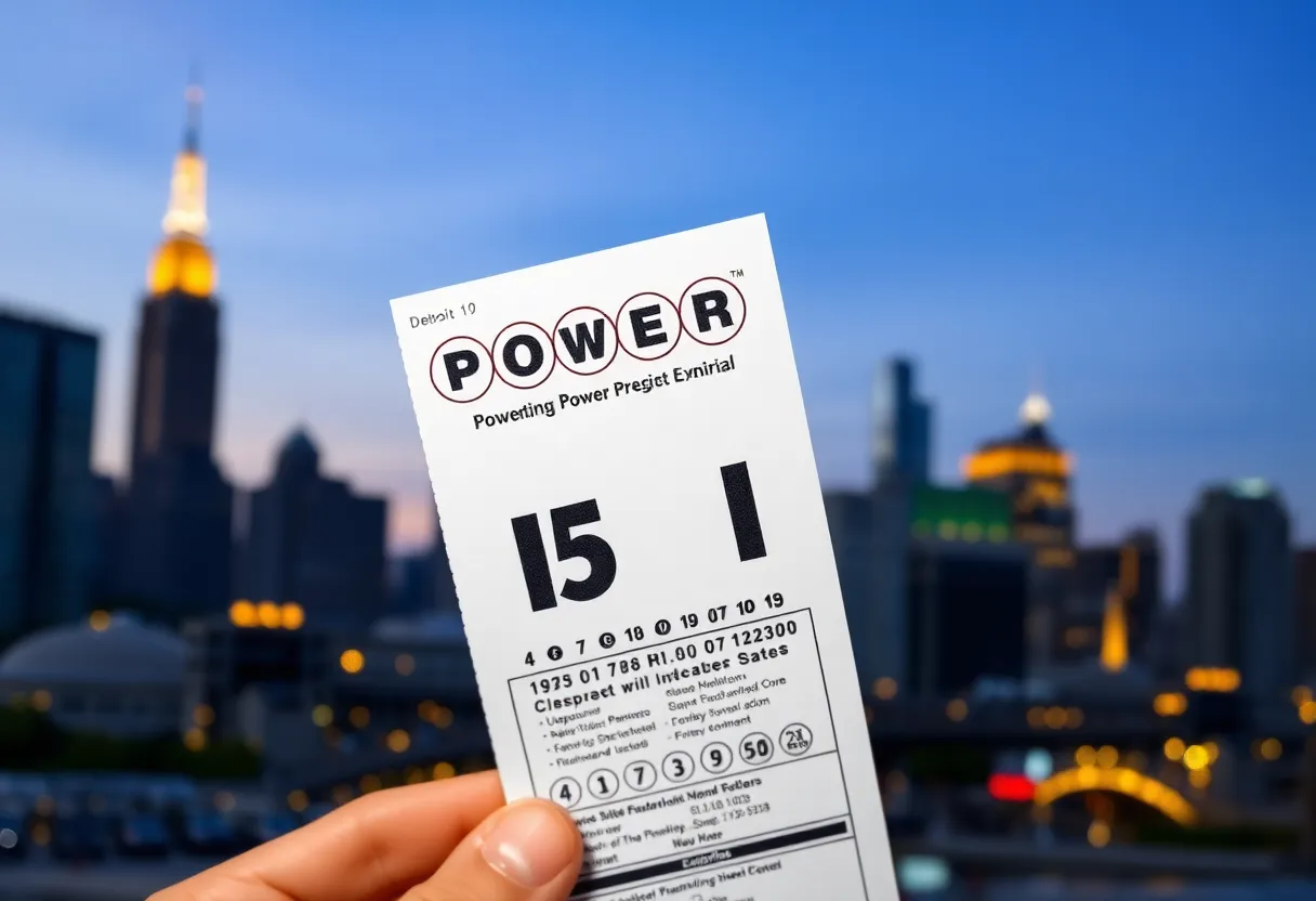 Powerball lottery ticket displayed with Detroit skyline in the background