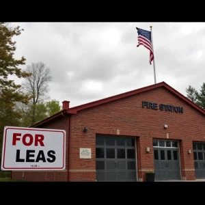 Fire station in the Village of Elsie with a 'For Lease' sign