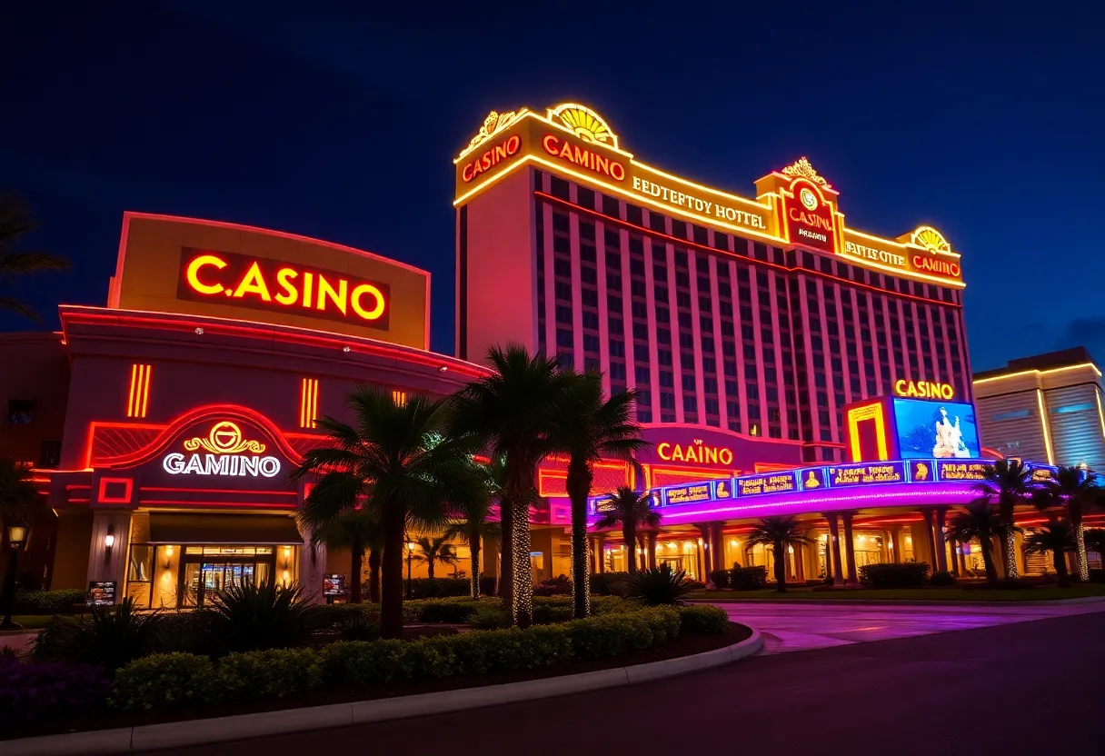 Exterior view of FireKeepers Casino Hotel at night