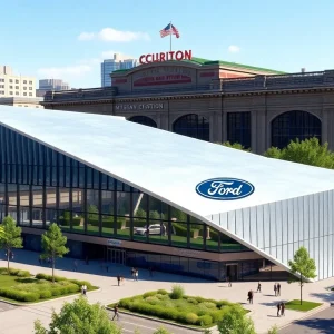 Architectural rendering of Ford's new sustainable headquarters