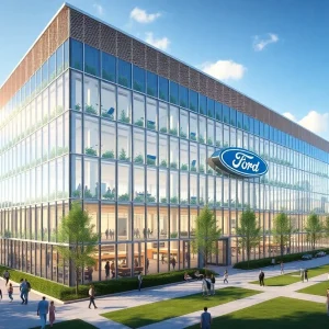 Rendering of Ford's new headquarters with green spaces