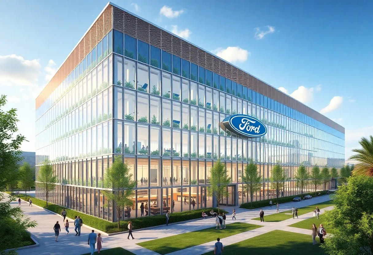 Rendering of Ford's new headquarters with green spaces