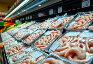 Frozen shrimp packages on display at a grocery store