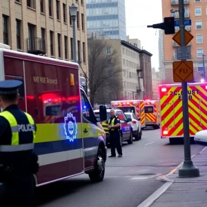 Emergency vehicles and police blocking off area near gas leak