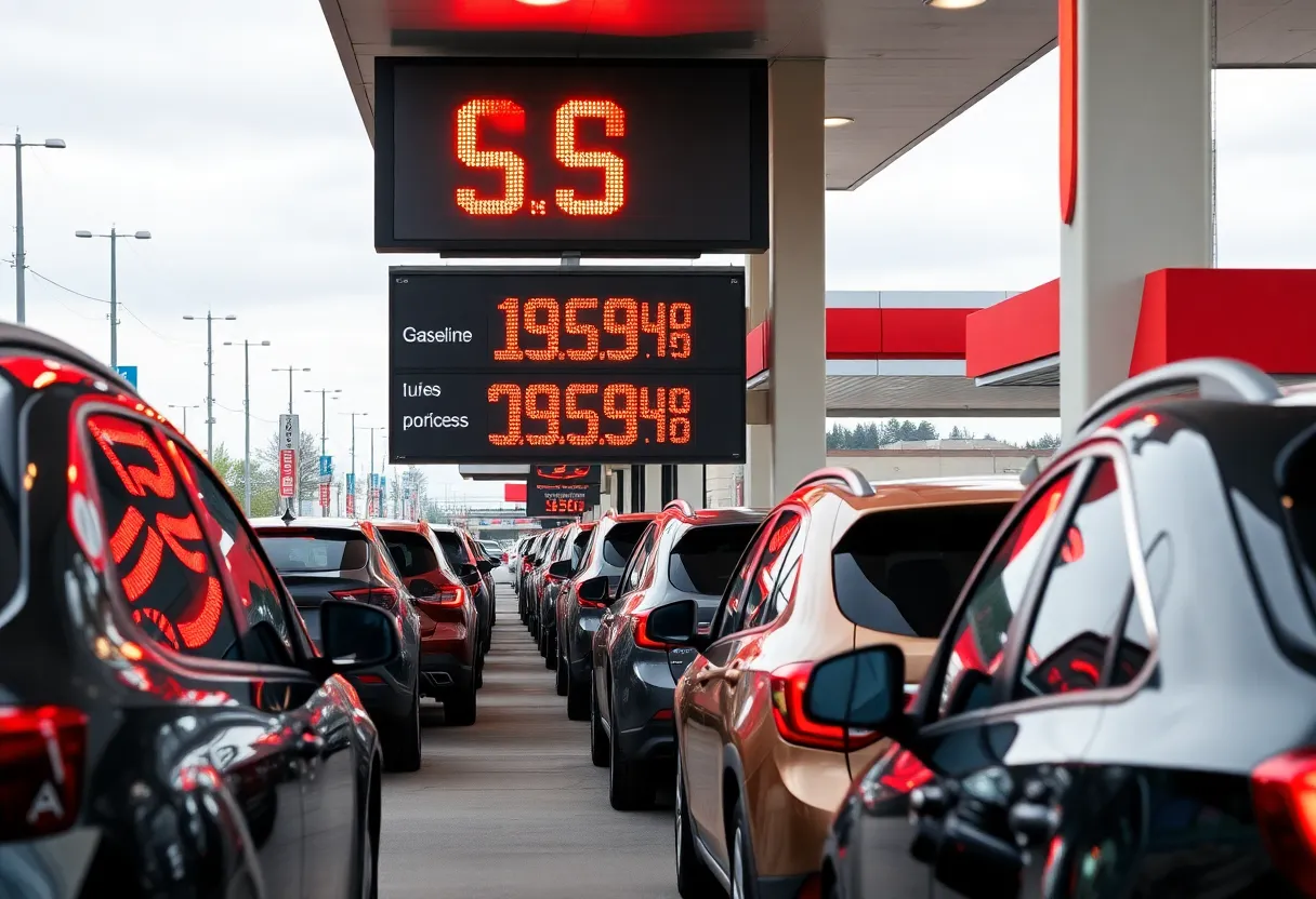 Gas station with cars waiting and visible gasoline price sign