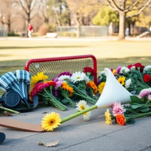 Memorial setup with flowers and hockey equipment in a park