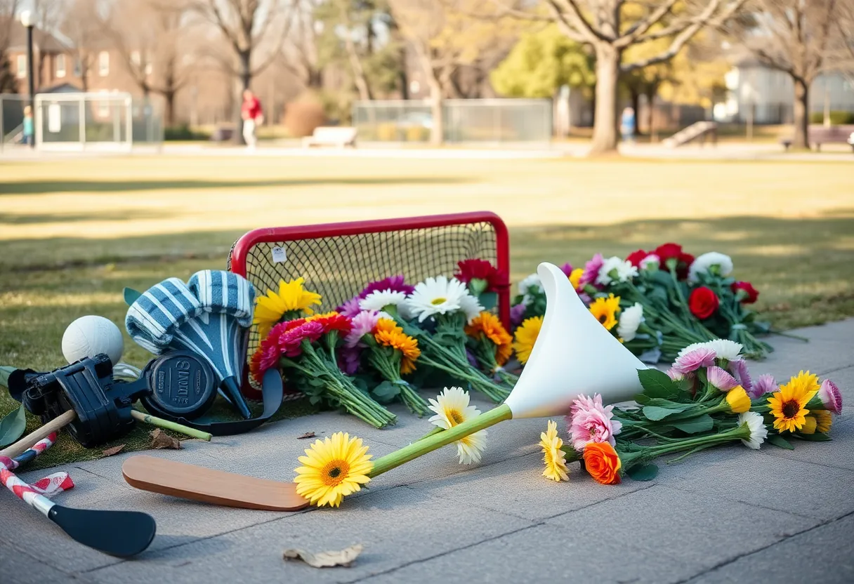 Memorial setup with flowers and hockey equipment in a park