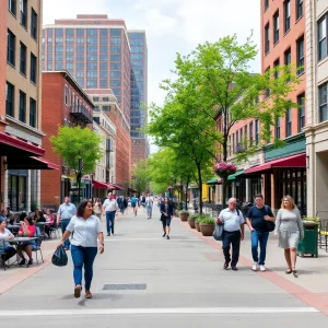 Progress of Greek Town's renovation in Detroit showing pedestrian-friendly features.