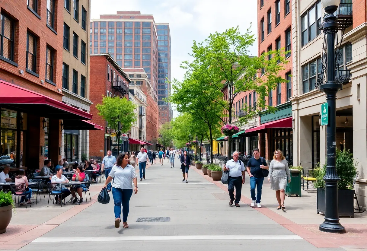 Progress of Greek Town's renovation in Detroit showing pedestrian-friendly features.