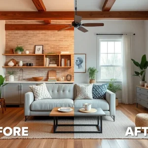 A beautifully renovated living room with upcycled furniture.
