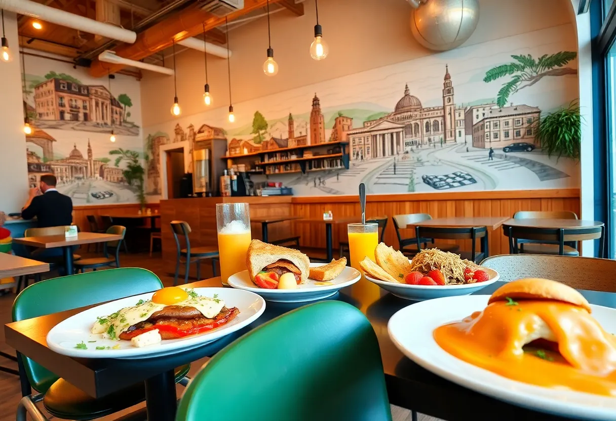 A stylish café interior with brunch dishes and murals of Detroit's history