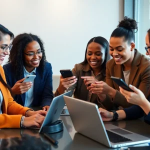 A group of diverse financial professionals interacting with social media influencers.