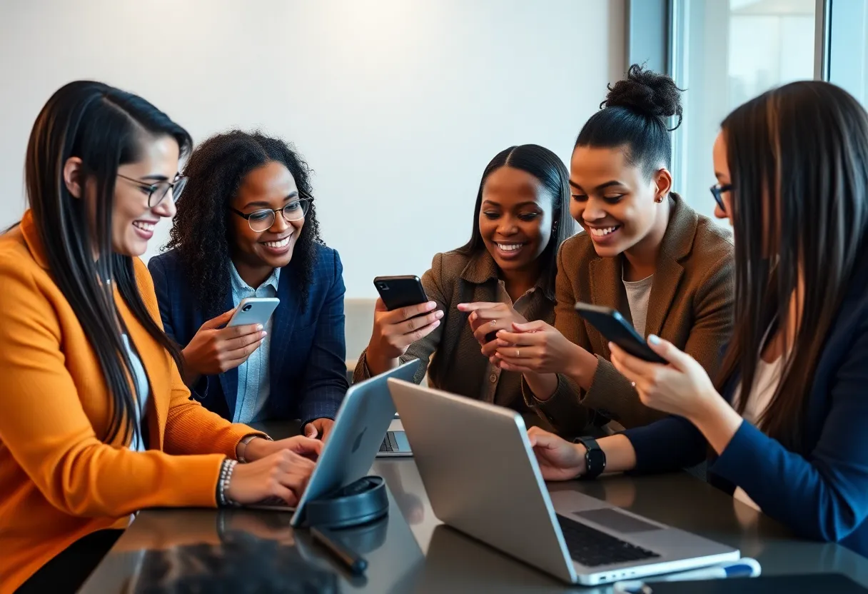 A group of diverse financial professionals interacting with social media influencers.