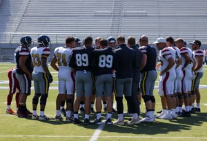 Football players showing support on the field after an injury incident.