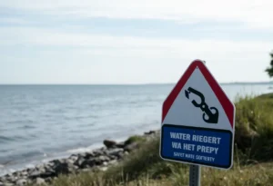 Sign warning about water safety at Lake Michigan