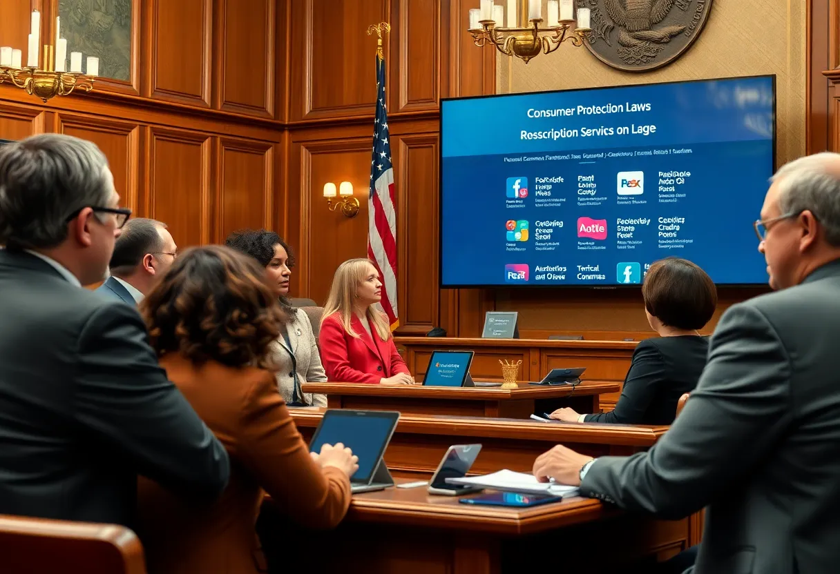 A group of lawmakers discussing consumer protection legislation in a modern legislative office.