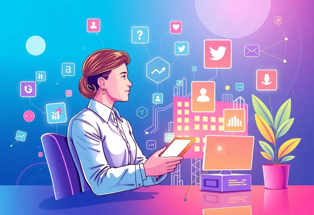 Illustration of Lofty AI Marketer assisting real estate agents with marketing