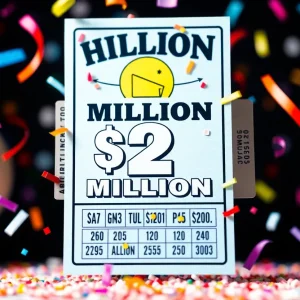 Celebration of a lottery ticket win with confetti and joy