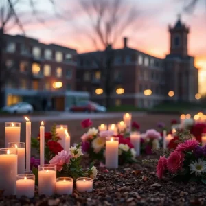 A memorial with candles and flowers honoring victims of political violence.