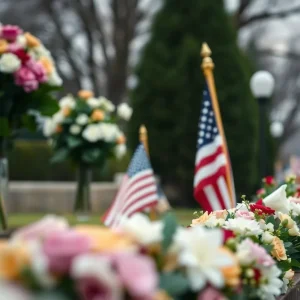 A memorial service honoring Major Andrew Becker with flowers and an American flag.