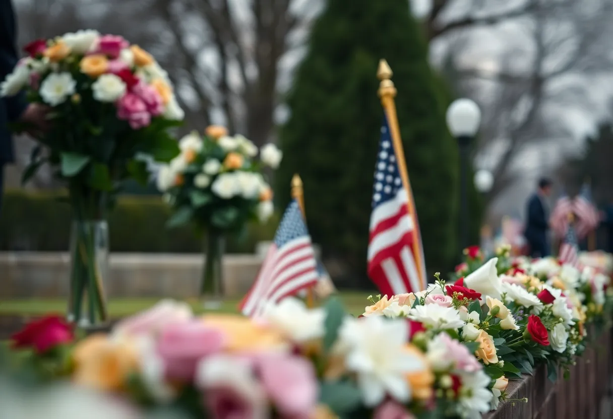 A memorial service honoring Major Andrew Becker with flowers and an American flag.