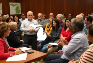 Community meeting discussing Michigan budget negotiations