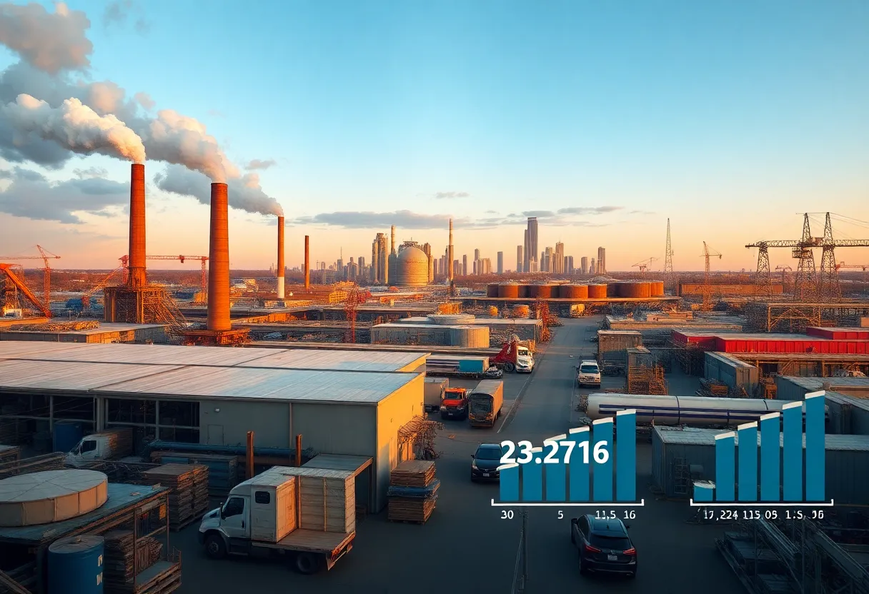 Image depicting Michigan's economic challenges with factories and workers influenced by rising unemployment.