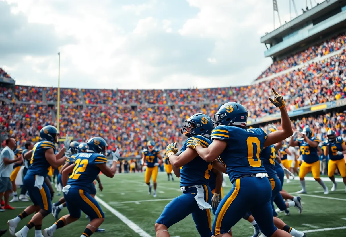 University of Michigan football team celebrating their win with fans in the background.
