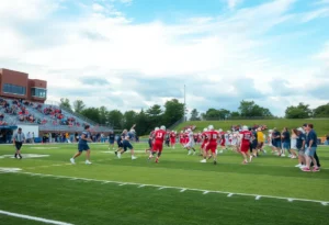 High school football teams practicing on a field in Michigan.