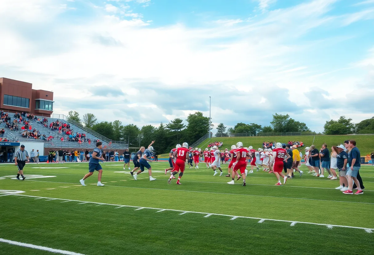 High school football teams practicing on a field in Michigan.