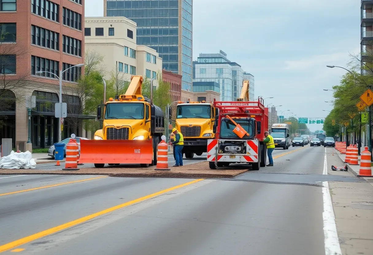 Construction workers repairing a road in Michigan.
