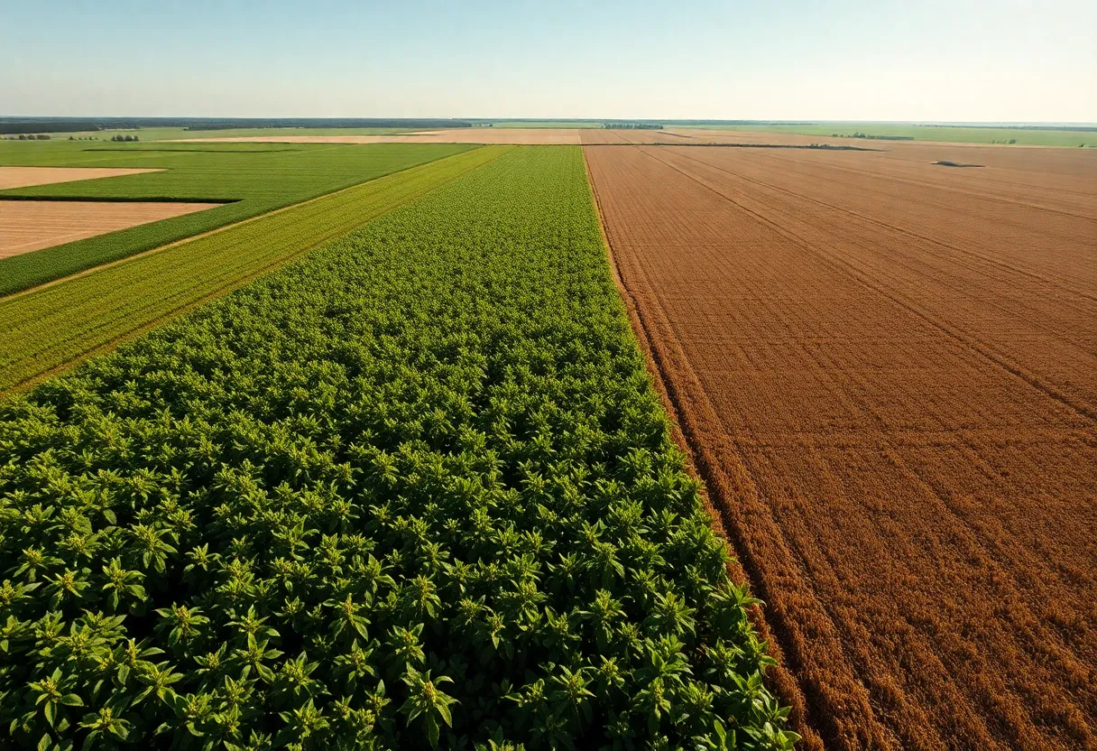 Aerial view of soybean crops in Michigan affected by drought conditions