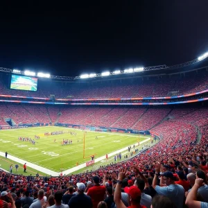 Aerial view of Michigan Stadium with new video screens and crowd.