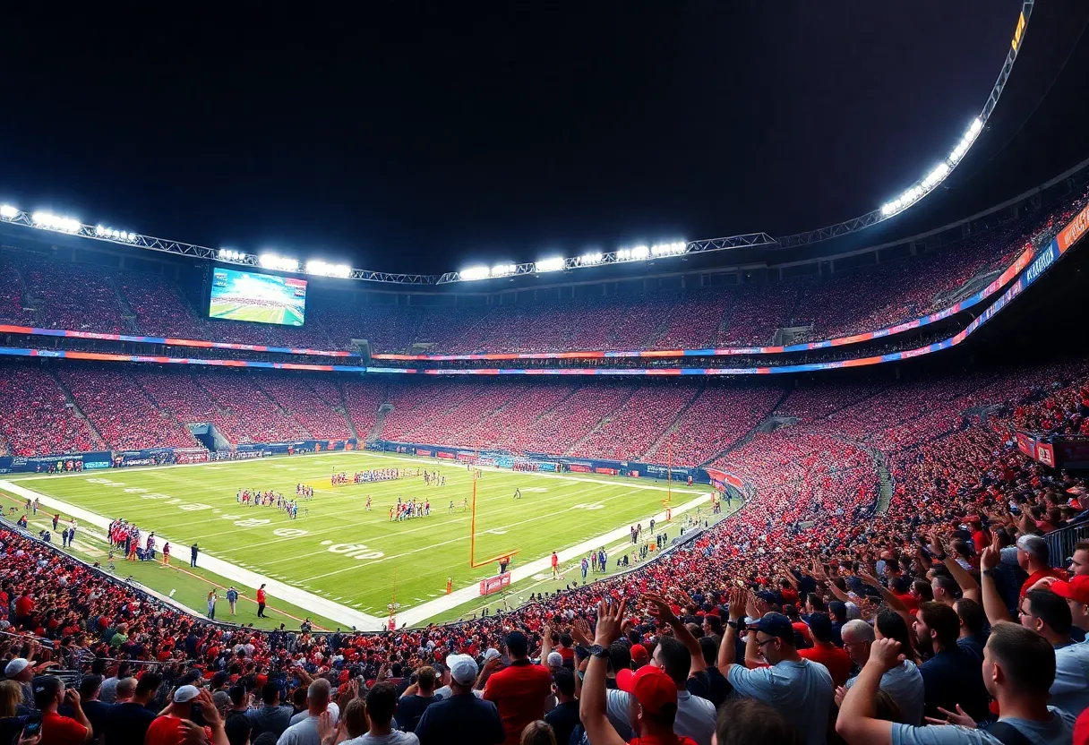 Aerial view of Michigan Stadium with new video screens and crowd.