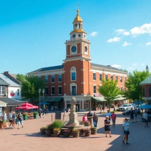 Vibrant town square in Michigan with people engaging in community events