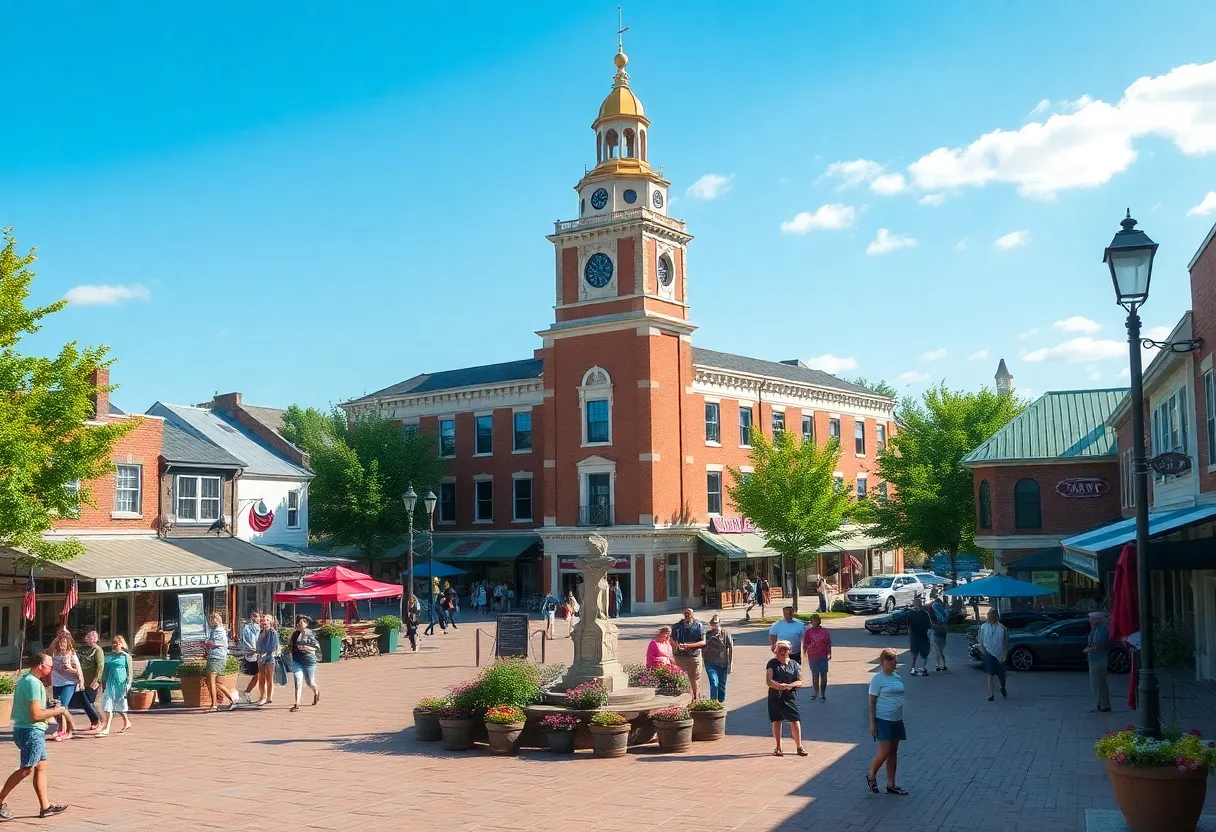Vibrant town square in Michigan with people engaging in community events