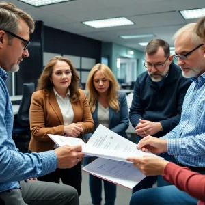 People discussing unemployment benefits in an office