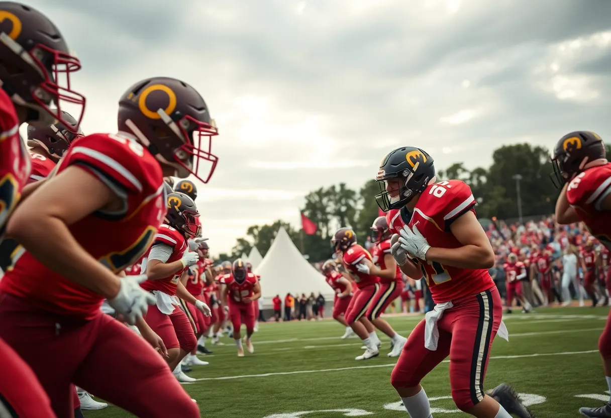 High school football players in action during a game in Michigan.